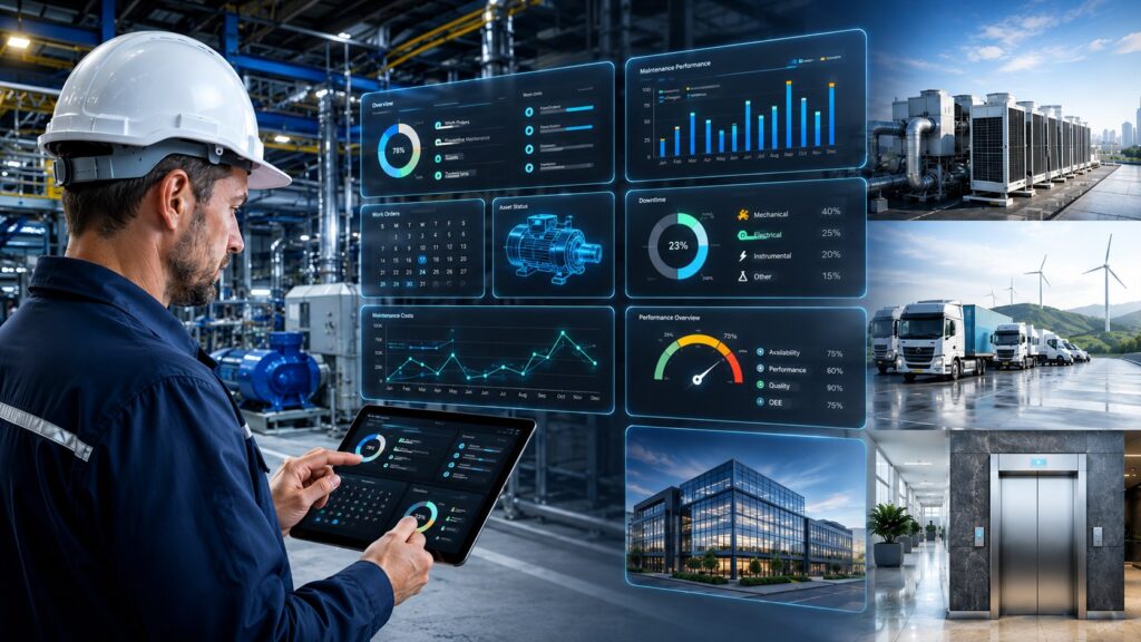 Técnico consultando un dashboard digital de GMAO MX para gestionar mantenimiento, activos, órdenes de trabajo e indicadores